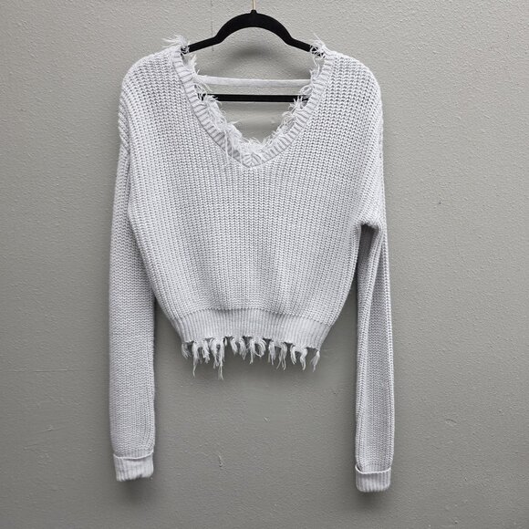 rue21 Sweater Womens XS Gray Distressed Frayed Hem V-Neck Cropped Chunky Knit - Picture 1 of 10